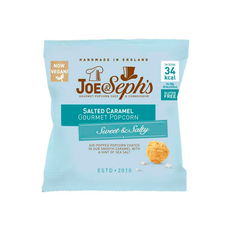 Popcorn overtrukket med karamel og salt (flowpack) fra Joe & Seph's