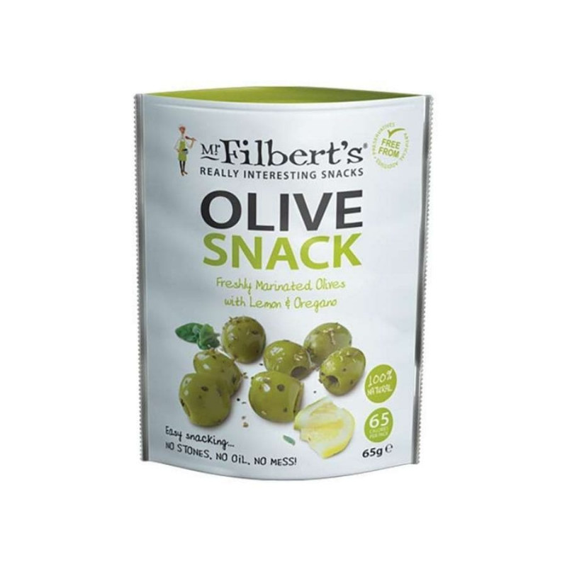 Grønne oliven (65 gram) uden sten med citron og oregano fra Mr. Filberts