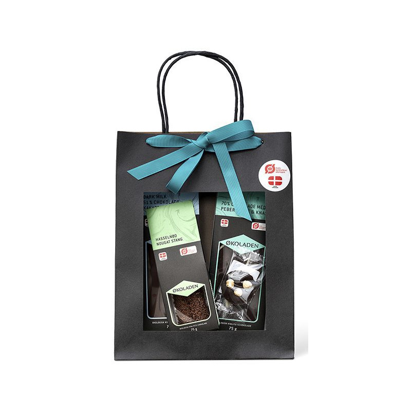 Grøn gourmet gavepose fyldt med chokolade fra Økoladen