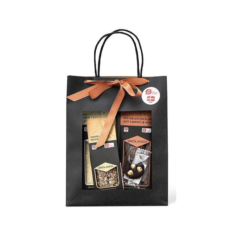 Lækker gourmet gavepose i orange nuancer fyldt med chokolade (245 gram) fra Økoladen