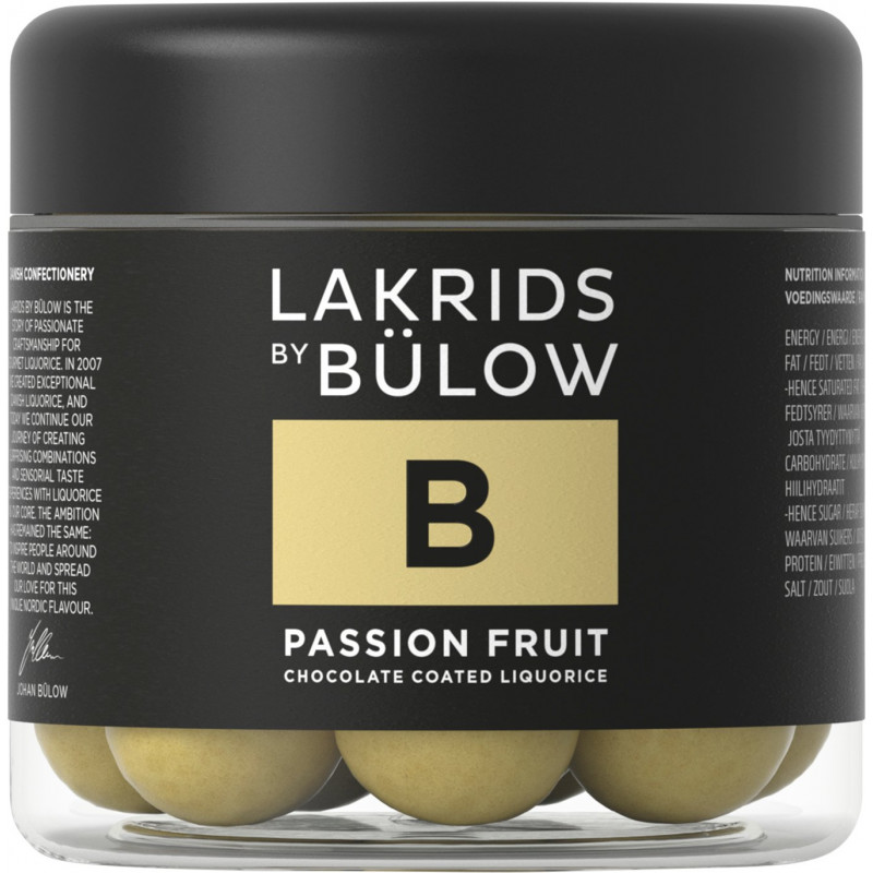 B - Passion Fruit lakridskugler (125 gram) - lille dåse fra Lakrids by Bülow