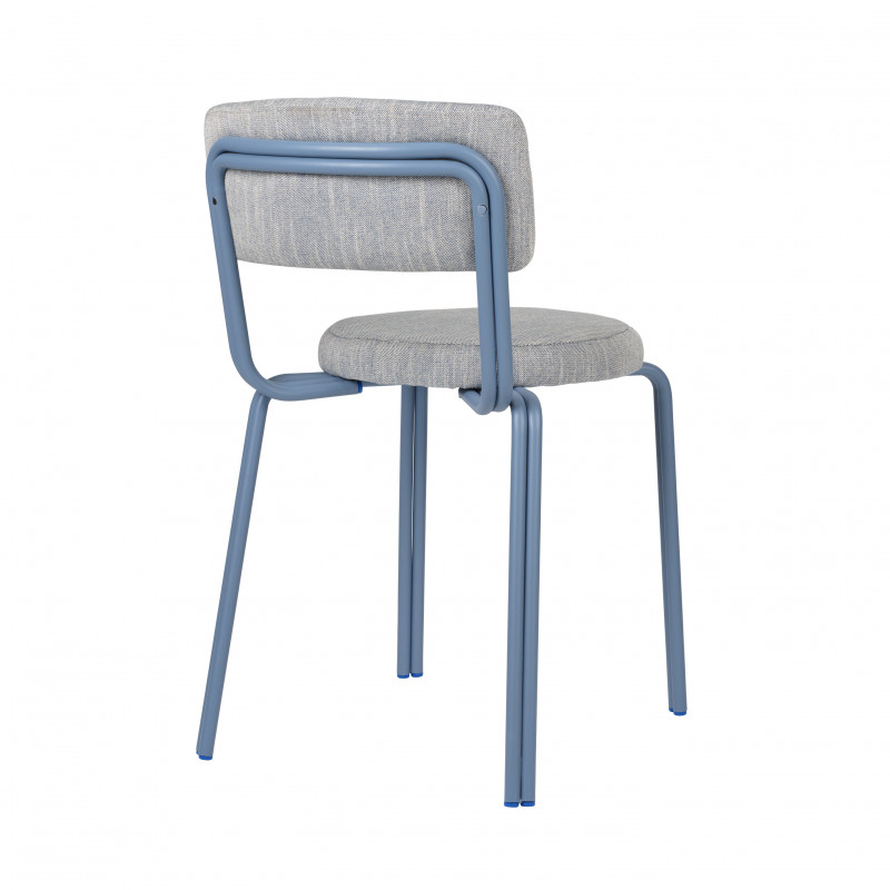 Oda spisebordsstol i grå stof og blå ben set bagfra