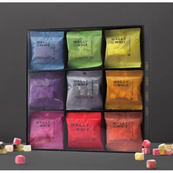 The Rainbow Box med 27 flowpacks i 9 forskellige smagskombinationer fra Wally and Whiz