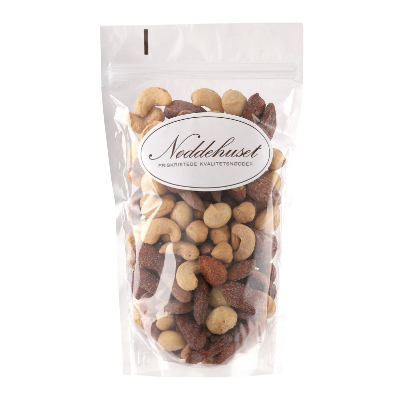 Nøddeblanding: Mandler, cashewnødder, macadamianødder og hasselnødder  - pose med 230 gram fra Nøddehuset
