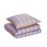 Lækkert sengesæt i bomulds satin fra Hübsch - skønne farver i stribet mønster: Blå, fersken og hvid