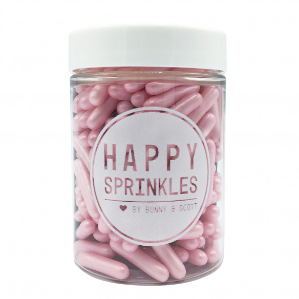 Pink Pearlescent Rods Sprinkles fra Happy Sprinkles. Dåse med 90 gram